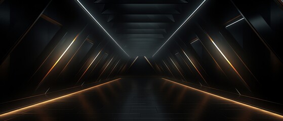 Dark minimalist tunnels with geometric lighting, realistic 3D,