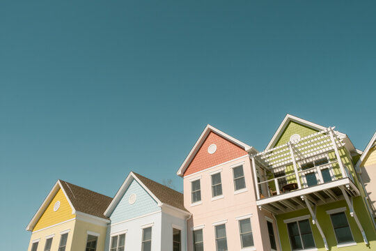 Row of Colorful Houses and Blue Sky Copyspace
