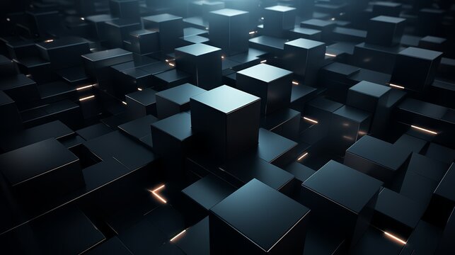 Dark, sleek 3D squares transitioning into a geometric minimalist spaceship,