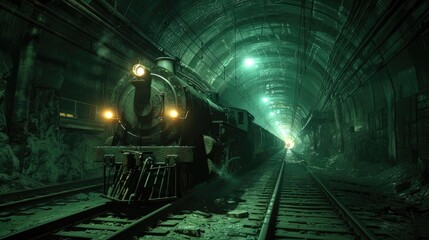 Underground Mine Railway Workers Transported to Their Stations Amidst Dimly Lit Tunnels - obrazy, fototapety, plakaty