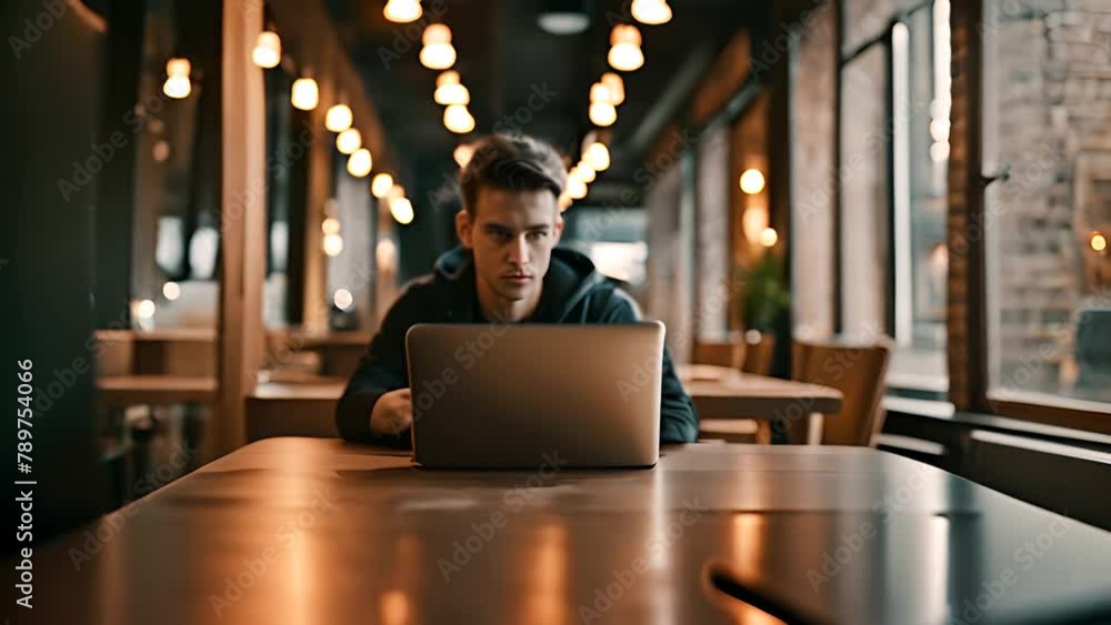 Poster man working on laptop at table generative ai