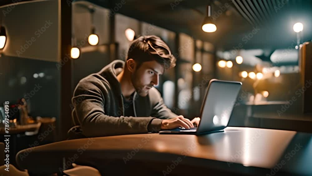 Poster man sitting at table using laptop computer generative ai