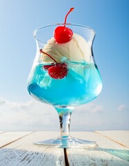 さくらんぼが乗った青いクリームソーダ