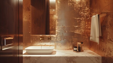 Finally in the bathroom we see how polished plaster can bring a touch of opulence to the most functional of spaces. The walls are coated in a warm metallic copper plaster adding a . - obrazy, fototapety, plakaty