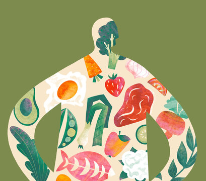 Abstract persona silhouette filled with food items on green background
