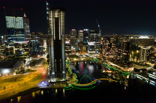 View of downtown Perth city next to water in the evening