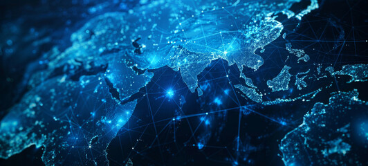 Global network, map and worldwide internet connection innovation for science, technology and future. Link, wireframe and glow for digital transformation, cyberspace and connectivity across the globe