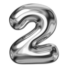 2 number png sticker, 3D chrome metallic balloon design, transparent background