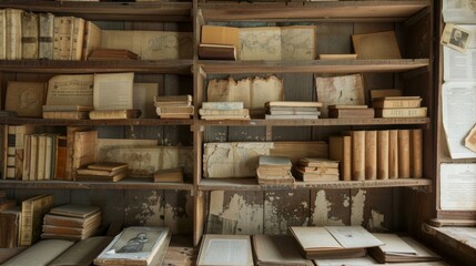 The worn wooden shelves of the study are filled with faded photographs old maps and yellowing mcripts evoking nostalgia for a bygone era. . - obrazy, fototapety, plakaty