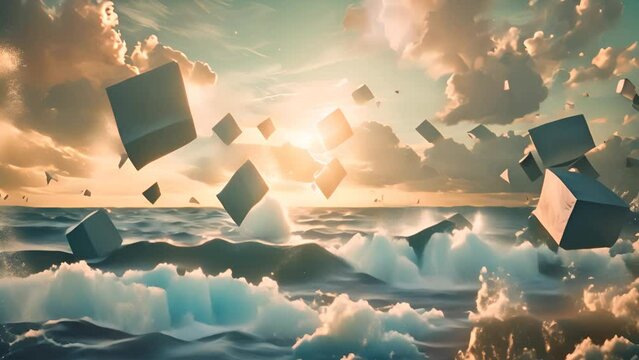 Floating Cubes over Sea at Sunset with Ai generated.
