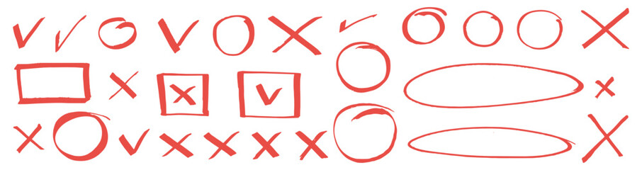 V and X marks tick boxes. Vector hand drawn doodle marker approval check marks, crosses, emphasis circles and ellipses. Red grungy infographic elements. Fast sketched ovals, squares and rectangles