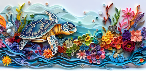 Fototapeta premium 3D Sea Turtle Paper Cutout Mug Wrap Generated by AI