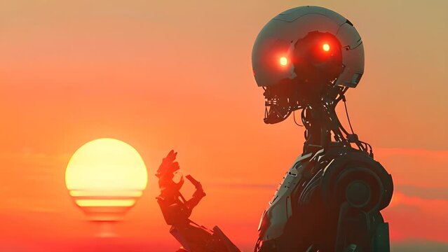 Robot Contemplating at Sunset with Ai generated.
