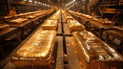 Gold Refinery Workers Meticulously Crafting Pure Bullion Bars Through Advanced Techniques - obrazy, fototapety, plakaty