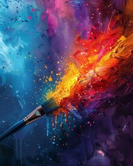 Craft an imaginative visual incorporating a side view of a sleek digital painting tablet transforming into a vibrant spectrum of digital brush strokes, 