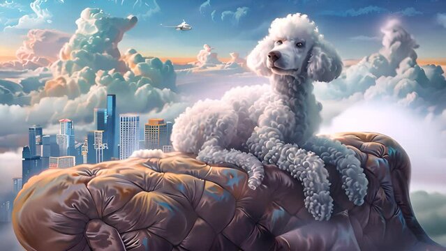Giant Poodle Overlooking City Among Clouds with Ai generated.
