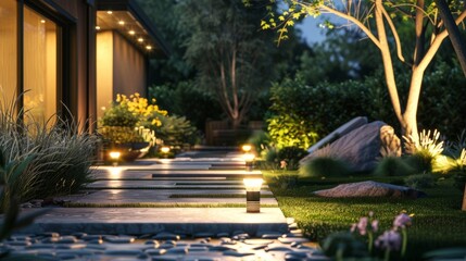 Blank mockup of a sprawling backyard landscape with strategically p spotlights highlighting key features. . - obrazy, fototapety, plakaty