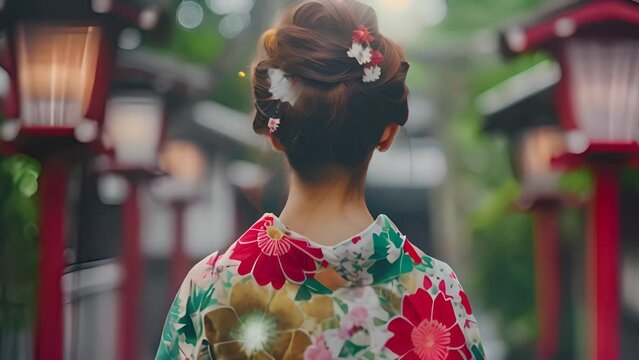 Traditional Japanese Hairstyle with Floral Kanzashi with Ai generated.
