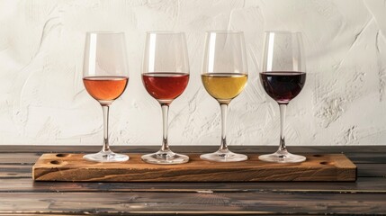 Blank mockup of four wine glasses arranged in a row on a rustic wooden tray each containing a different type of wine chardonnay zinfandel syrah and rosÃ©. . - obrazy, fototapety, plakaty