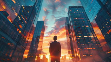 Happy wealthy rich successful business man standing in big city modern skyscrapers street on sunset thinking of successful future vision, dreaming of new investment opportunities. Generative AI