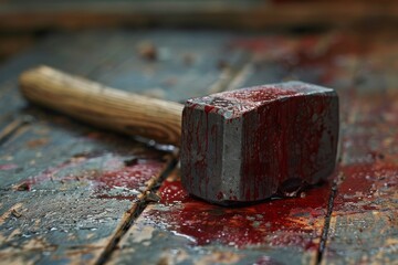 Conceptual image a hammer in blood on the table. The concept of committed crime, murder, torture and physical injury - obrazy, fototapety, plakaty