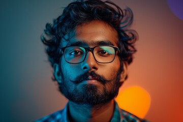 A portrait of an Indian programmer wearing glasses and a shirt.