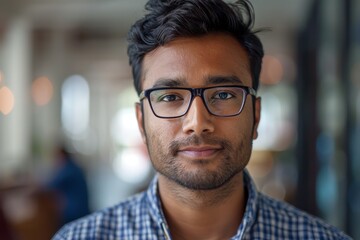 Obraz premium A portrait of an Indian programmer wearing glasses and a shirt.