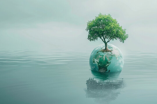 An image of a tree on a planet floating in water - Generative AI