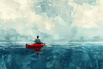 An abstract illustration depicts a lone adventurer in a canoe, drifting across the vast ocean, pondering solitude and inner exploration.






 - obrazy, fototapety, plakaty