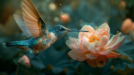 Obraz premium An incredible luxury photo of a hummingbird in flight near a flower.