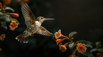Naklejka premium An incredible luxury photo of a hummingbird in flight near a flower.