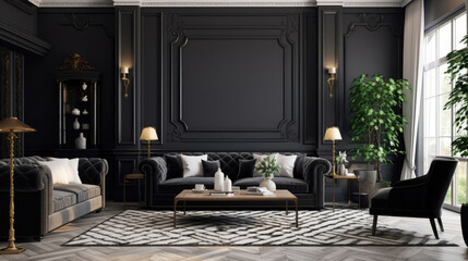 Elegant classic interior design of living room with black wall and marble tiled floor. Generative AI
