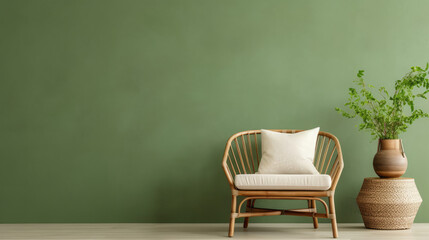 Wooden table wicker chair against green wall with space for text. Interior design of modern living room. Generative AI