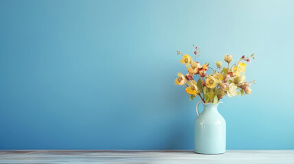 Field flowers in glass vase on wooden table against light blue wall background. Interior design of modern living room with space for text. Generative AI