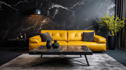 Yellow leather sofa and stone coffee table against of black marble wall. Interior design of modern living room. Generative AI