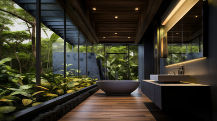 Interior design of modern bathroom in house in tropical forest. Generative AI