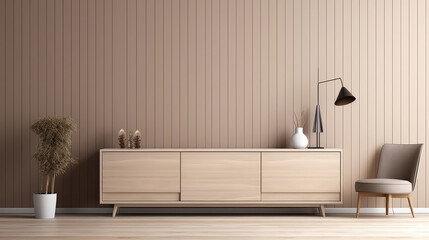Interior of modern living room with sideboard over beige wall. Contemporary room with dresser. Home design with mock up paneling wall.  Generative AI