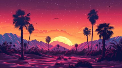 A digital illustration captures a desert sunset landscape, complete with palm trees and mountains, evoking a retro 80s vibe with its distinctive style.






 - obrazy, fototapety, plakaty