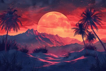 A digital illustration captures a desert sunset landscape, complete with palm trees and mountains, evoking a retro 80s vibe with its distinctive style.






 - obrazy, fototapety, plakaty