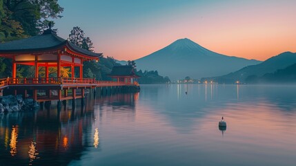 The early morning sun casts a golden glow over Lake Kawaguchiko, framing Mount Fuji's iconic peak. A luxurious travel snapshot capturing nature's grandeur.





 - obrazy, fototapety, plakaty