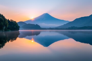 Fototapeta na wymiar The early morning sun casts a golden glow over Lake Kawaguchiko, framing Mount Fuji's iconic peak. A luxurious travel snapshot capturing nature's grandeur.