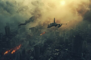Fighter jets dropping bombs on a large city. The concept of modern war, the third world war

