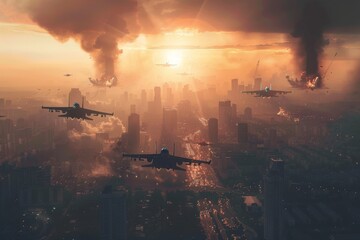 Naklejka premium Fighter jets dropping bombs on a large city. The concept of modern war, the third world war