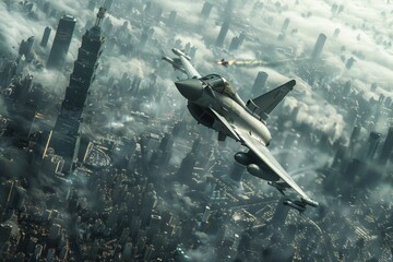 Fighter jets dropping bombs on a large city. The concept of modern war, the third world war

 - obrazy, fototapety, plakaty