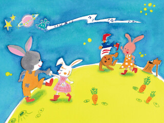 月でうさぎが踊っているイラスト