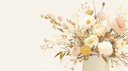 2d illustration of a bunch of flowers in a chic beige porcelain vase perfect for a cozy home setting or to adorn a romantic greeting card or invitation with a touch of simplicity and style