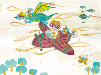 Obraz na płótnie Canvas 飛行機に乗ってドラゴンと一緒に飛ぶ少年のイラスト