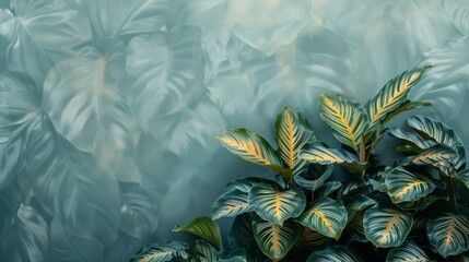 A minimalist backdrop features a Calathea Orbifolia tree, its muted tones enhancing visual appeal with understated elegance.






 - obrazy, fototapety, plakaty