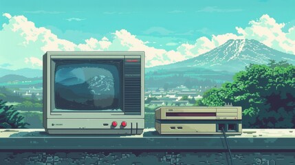 A digital illustration features an old video game console with a landscape backdrop, rendered in nostalgic 16-bit pixel art style.






