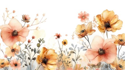 The clipart includes watercolor airbrushing, isolated wildflowers, neutral yellow gold and pink, neutral muted colors, and a white background.